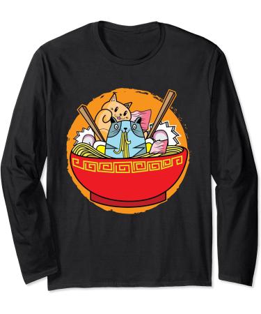 Anime Cat Japanese Ramen Noodles I Funny Ramen Long Sleeve T-Shirt