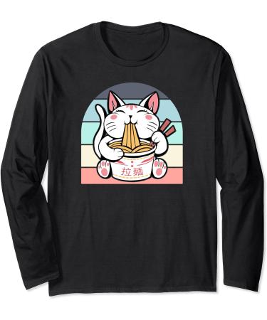 Kawaii Cat Neko Eating Ramen Noodle Soup Japanese Aesthetic Long Sleeve T-Shirt