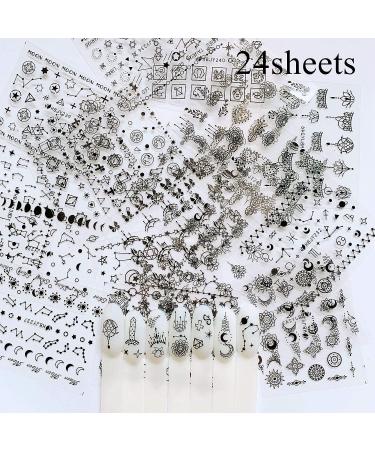 Nail Angel 24 Sheets Black Nail Art Sticker Set - Moon, Star, Flower Shapes | Variety of Patterns Mix Sticker Sheets 10056 - Buy Online on SooperMarket.com