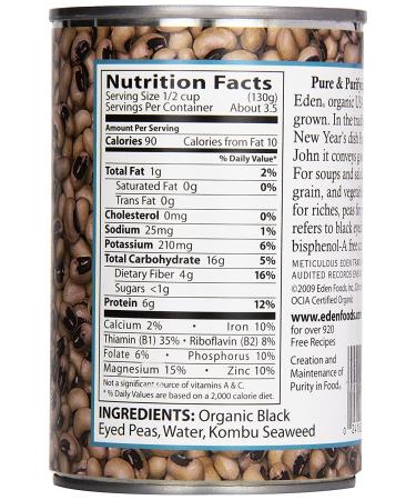 Eden Organic Black Eyed Peas  15 oz Can  No Salt  Non-GMO  Gluten Free  Vegan  Kosher  U.S. Grown  Heat and Serve  No Preservative  Macrobiotic - Buy Online on SooperMarket.com