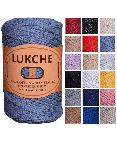 Lukche Cotton and Polyester Shiny Macrame Cord 3mm 224 Yards  75% Cotton  25% Metallic Polyester  Colorful Crochet Macrame Bag Craft for Wall Hangers  Bags  Bottom Plates  Carpets (Aviator Blue)