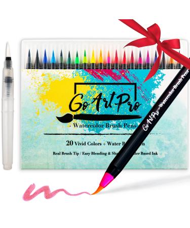 Watercolor Brush Pens by GoArtPro | Set of 20 Color Soft Flexible Real Brush Pens + Bonus Watercolor Pen | Brush Tip Markers for Adult Coloring Books  Manga  Comic  Calligraphy