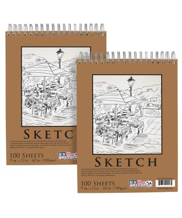 U.S. Art Supply 9" x 12" Top Spiral Bound Sketch Book Pad, Pack of 2, 100 Sheets Each, 60lb (100gsm) - Artist Sketching Drawing Pad, Acid-Free - Graphite Colored Pencils, Charcoal - Adults, Students 9-x-12-inch