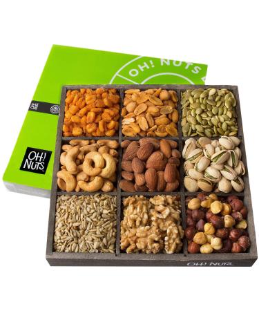 Oh! Nuts 9 Variety Mixed Nuts Gift Basket | Freshly Roasted Healthy Gourmet Holiday Snack Gift | Premium Wood Food Basket for Men, Women, Birthday, Anniversary, Corporate Tray Large