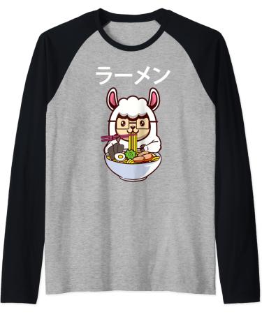 Kawaii Llamen Llama Eating a Ramen Noodle Bowl Raglan Baseball Tee