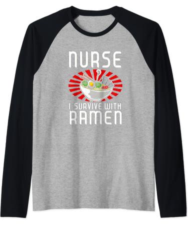 Vintage Nurse I Survive with Ramen Noodle Japanese Soup Bowl Raglan Baseball Tee