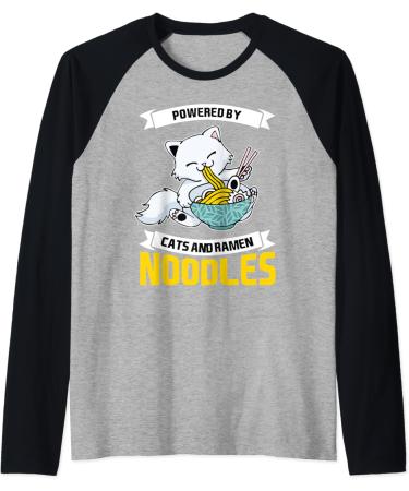 Powered By Cats And Ramen Noodles Japanese Kawaii Kitten Cat Raglan Baseball Tee