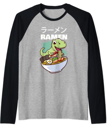Kawaii Dino T-Rex eating Japanese Soup Ramen Noodle Raglan Baseball Tee