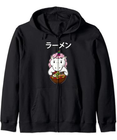 Japanese Kawaii Anime Baby Unicorn Eating Ramen Noodle Bowl Zip Hoodie