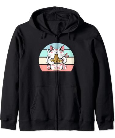 Kawaii Cat Neko Eating Ramen Noodle Soup Japanese Aesthetic Zip Hoodie