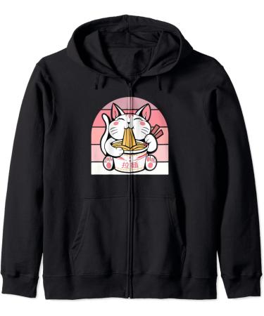 Kawaii Cat Neko Eating Ramen Noodle Soup Japanese Aesthetic Zip Hoodie