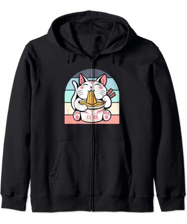 Kawaii Cat Neko Eating Ramen Noodle Soup Japanese Aesthetic Zip Hoodie