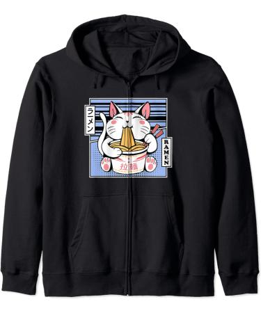 Kawaii Cat Neko Eating Ramen Noodle Soup Japanese Aesthetic Zip Hoodie