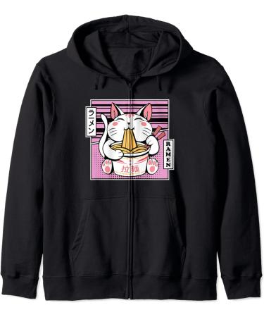 Kawaii Cat Neko Eating Ramen Noodle Soup Japanese Aesthetic Zip Hoodie