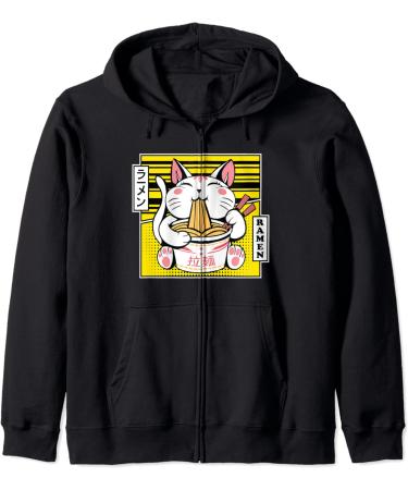 Kawaii Cat Neko Eating Ramen Noodle Soup Japanese Aesthetic Zip Hoodie