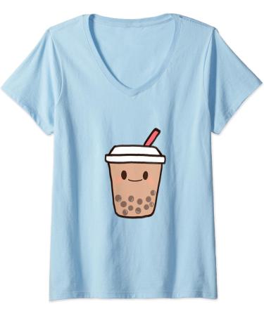 Womens Cute Kawaii Boba Milk Tea Bubble Tapioca Pearls Tea Lover V-Neck T-Shirt