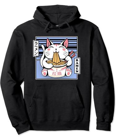 Kawaii Cat Neko Eating Ramen Noodle Soup Japanese Aesthetic Pullover Hoodie