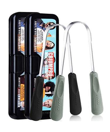 New Tongue Scraper with Individual Travel Case, Professional Tongue Scrapers for Adults and Kids Medical-Grade Stainless Steel Flexible Metal Tongue Cleaner Kit  Upgraded Version  - Pack of 2 Stainless Steel Tongue Scraper 2 Pack (black & grey)
