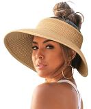 FURTALK Sun Visor Hats for Women Wide Brim Straw Roll Up Ponytail Summer Beach Hat UV UPF Packable Foldable Travel Medium 01-pure Khaki - Buy Online on SooperMarket.com