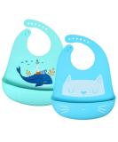 Vicloon Silicone Baby Bib 2PCS - Adjustable Waterproof Feeding Bibs with Food Catcher Pocket - Soft & Easy to Clean for Infant Toddler - Cat & Whale Blue - Buy Online on SooperMarket.com
