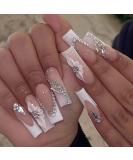 RikView French Tip Square Press-On Nails | Long Glossy White Nails with 3D Flowers | 24 PCS Stick-On Fake Nails - Buy Online on SooperMarket.com