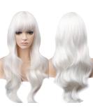 YEESHEDO 28 Long Wavy Curly White Wig with Fringe | Heat Resistant Synthetic Hair for Women - Perfect for Halloween, Cosplay, Anime & Snow White Costumes - Buy Online on SooperMarket.com