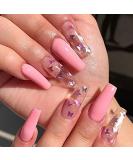 Aksod Pink Gradient Press on Nails with Butterfly Glitter Long Square Coffin False Nails for Women and Girls - Buy Online on SooperMarket.com