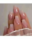 French Tip Long Press On Nails - 24 PCS Coffin Fake Nails | Glossy Pink Nails for Women - Buy Online on SooperMarket.com