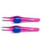 Slant Tip Tweezers Set - Stainless Steel Precision Tweezers for Ingrown Hair, Eyebrow Shaping, Blackhead Remover - Non-Slip Grip - 2 Pieces (Pink) - Buy Online on SooperMarket.com