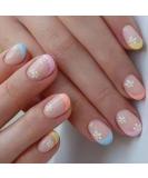 RikView French Tip Short Fake Nails with Flowers Design - Colorful Square Acrylic Press On Nails - Buy Online on SooperMarket.com