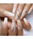 YoYoee Nude Press On Nails Coffin Long Fake Nails Acrylic Gradient False Nails Marble Full Cover Stick On Nails for Women and Girls (24 PCS) Marbling - Buy Online on SooperMarket.com