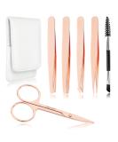 Precision Eyebrow Tweezers Set Pack of 6 - Rose Gold Tweezers Scissors Brush Kit for Women - Facial Hair Removal and Ingrown Hair - Includes Leather Case - Perfect Gift Item - Buy Online on SooperMarket.com