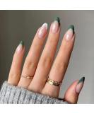 24Pc Short Glossy Almond Design Press on Nails - French Green False Nails Kit with Glue - Oval Green White Nail Tips - Buy Online on SooperMarket.com