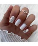Square Press On Nails Short White Fake Nails | Glue On Acrylic False Nails with Matte Finish & Sequin Designs | 24Pcs Set for Women & Girls - Buy Online on SooperMarket.com
