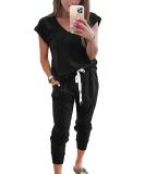 Prettigarden Women's 2 Piece Tracksuit Set - V Neck Short Sleeve Top and Long Pants Outfit Jogger Set in Black, Size Large - Buy Online on SooperMarket.com