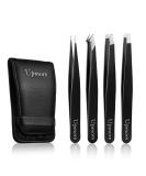 Upmore 4x tweezers set stainless steel - black eyebrow tweezers set scissors tweezers straight sloping pointed spots - Buy Online on SooperMarket.com