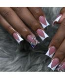 Buy French Tip Press on Nails - Medium Square Glossy Pink & White Duckbill Design - Reusable Rhinestone Fake Nails | Cute Duck Feet Full Cover Acrylics - Buy Online on SooperMarket.com