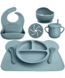 8 Pack Silicone Baby Feeding Set - Divided Plate, Bibs, Suction Bowl, Placemat, Spoon, Fork, Cup with Straw - Toddler Tableware Set (Dusty Blue) - Buy Online on SooperMarket.com
