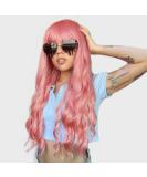 AISI BEAUTY Pink Wig with Bangs - 24 Inch Synthetic Long Wavy Pink Wig for Women - Halloween Cosplay Party Hairpiece - Buy Online on SooperMarket.com
