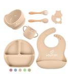 Bebefant Baby Weaning Set | Suction Bowl, Plate, Cup, Bib, Fork & Spoon | Baby Led Weaning Feeding Set - Neutral (Light Brown) - Buy Online on SooperMarket.com