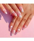 Justotry 24 Pcs Milky Swirl Almond Short False Nails - Trendy Pink French Press On Nails with Nail Glue - Wavy Oval Medium Stick On Nails for Women - Buy Online on SooperMarket.com