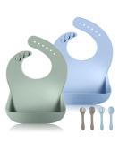 Vicloon Silicone Baby Bib 2PCS | Waterproof Baby Feeding Bibs with Fork Spoon | Adjustable & Easy to Clean | Wide Food Catcher Pocket | Unisex Toddler Bibs - Blue-Dark Green - Buy Online on SooperMarket.com