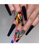 GORS Long Black Press on Nails - Colorful Coffin Fake Nails with Graffiti Note Designs | Full Cover False Nails for Women - Buy Online on SooperMarket.com