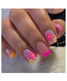 24 Pcs Medium Square French Fake Nails | Acrylic Colorful Flower Designs | Glossy Full Cover False Nails | Manicure Decorations for Women and Girls - Buy Online on SooperMarket.com