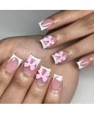 White French Tip Press on Nails with Pink Bow | Short Square Glue on Acrylic Manicure Art | 24 Pcs Glossy Nude Pink Fake Nails for Women & Girls - Buy Online on SooperMarket.com