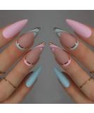 JUSTOTRY 24 Pcs Matte Stiletto Short False Nails | Heart Pattern Pale Pink & Blue French Press On Nails | Pretty Fake Nails with Nail Glue | Almond Medium Stick On Nails for Women - Buy Online on SooperMarket.com
