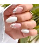 Justotry 24 Pcs White Flower Stiletto False Nails | Milky French Press on Nails | Trendy Swirl Design | Nail Glue & Almond Stick Included | Short & Medium Length | Women's Art Fake Nails - Buy Online on SooperMarket.com