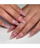 RikView Medium Press on Nails - Pink Almond Nails with 3D Flowers & Butterflies | Glossy Finish | 24 PCs Set - Buy Online on SooperMarket.com