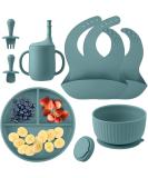 Baby Feeding Set: Silicone Bib, Suction Divided Bowl, Spoon, Fork - Toddler Utensils for Baby Led Weaning - 6 Months (Blue Green) - Buy Online on SooperMarket.com