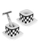 Linkida 2-Pack Ceramic Razor Plane Stand & Diatomite Mat | Men's Double Edge Safety Razor Holder | Compatible with Vikings & Merkur - Black & White Checked - Buy Online on SooperMarket.com